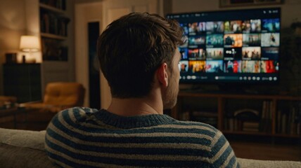 Cozy Living Room with TV, Movie Thumbnails, person in a striped sweater V2