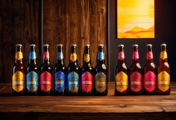 stunning display vibrantly styled craft beer bottles arranged beautifully textured wooden surface highlighting colorful labels, artisanal, beverage
