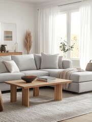 Modern Living Room with Sectional Sofa and Wooden Coffee Table