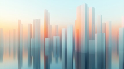 Futuristic cityscape with tall, reflective skyscrapers at sunrise, AI