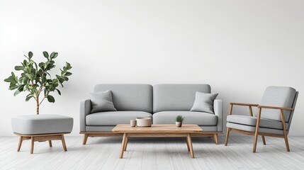 A minimalist living room with a grey sofa, armchair, coffee table, ottoman, and plant