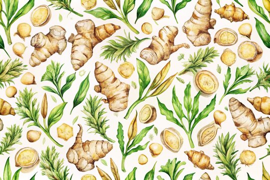 Ginger Root Watercolor Seamless Pattern - Organic Kitchen Design