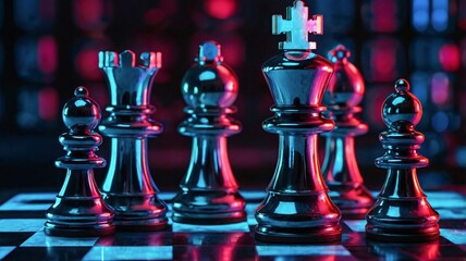 Futuristic neon-lit chessboard, cyberpunk style V7