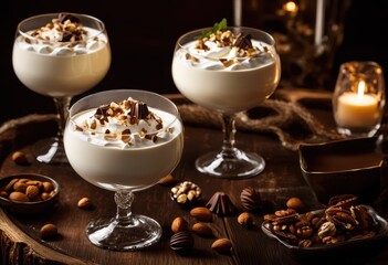 elegant display indulgent milk cocktail glasses artfully arranged table surrounded delicious garnishes, drink, beverage, milkshake, dessert, libation