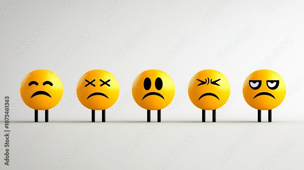 Poster Collection of vibrant yellow emoji icons depicting a range of expressions from happiness and joy to sadness and shock presented in a minimalist flat design style against a clean white background