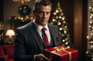 senior man in suit holding gift box in christmas room	