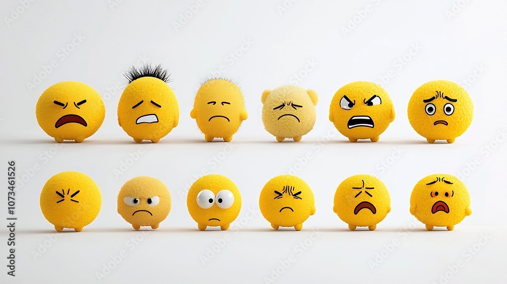Poster Collection of vibrant yellow emoji icons depicting a variety of emotions such as joy sadness surprise and anger isolated on a clean white background with a pixel perfect minimalist design