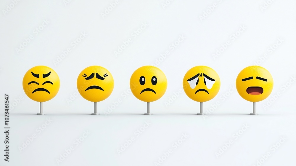 Poster vibrant yellow emoji icons showcasing a variety of expressive moods such as excitement disappointmen