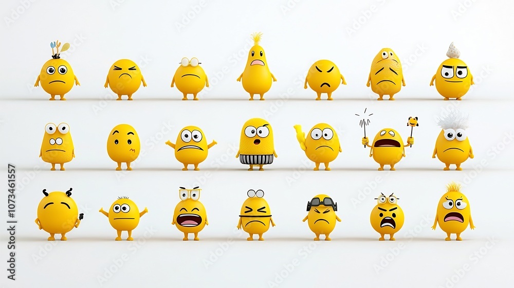 Poster Vibrant collection of yellow emoji icons showcasing a range of emotional expressions including joy sadness surprise and anger on an isolated white background