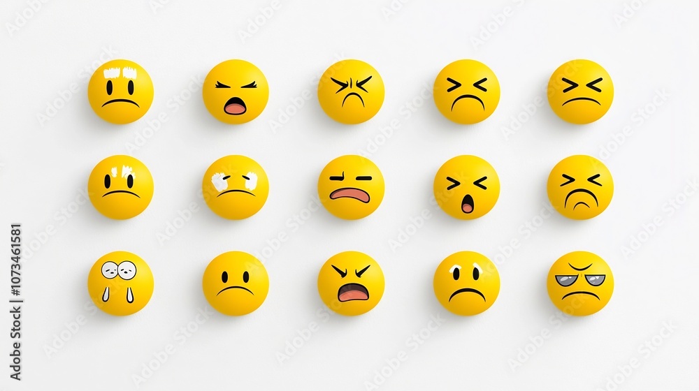 Poster Vibrant yellow emoji icons showcasing a range of moods and emotions including excitement disappointment confusion and joy isolated on a clean white background with a flat vector pixel perfect design