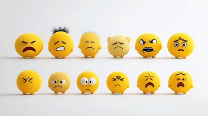 Obraz premium Collection of vibrant yellow emoji icons depicting a variety of emotions such as joy sadness surprise and anger isolated on a clean white background with a pixel perfect minimalist design