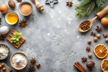 Fototapeta premium Flat layout composition, baking ingredients and kitchen utensils on a gray background. Culinary trendy background. The concept of making homemade desserts for the holiday