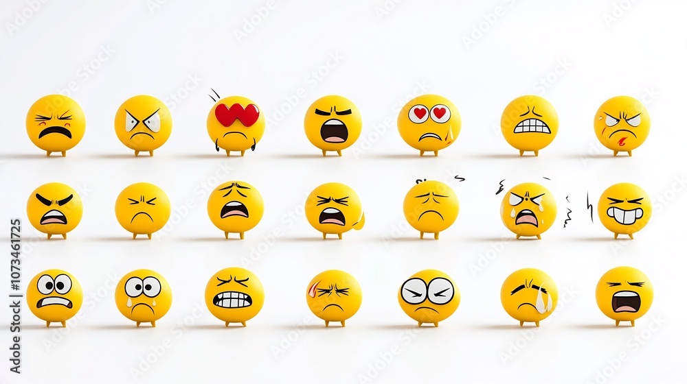Poster Collection of expressive yellow emoji icons featuring faces with heart eyes angry expressions crying and laughing pixel perfect 64 x 64 on white background