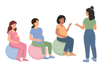 Obraz premium Fitness instructor with pregnant women on exercise balls. The concept of a healthy pregnancy and sports. Vector illustration