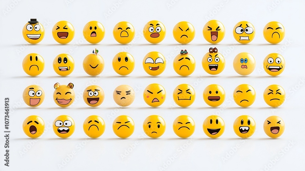 Poster Vibrant and Expressive Emoji Icon Set Showcasing a Range of Emotions from Contentment to Amazement Laughing to Frowning Presented Against a Pristine White Background with Pixel Perfect Precision