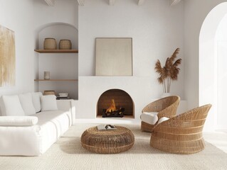 Minimalist Living Room with White Couch, Wicker Chairs, and a Fireplace