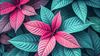 Neon Pink & turquoise tropical Leaves, macro, vibrant, textured V9