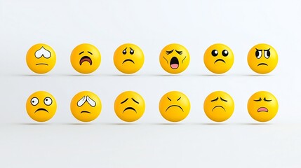 Naklejka premium Comprehensive collection of cheerful yellow emoji icons showcasing a diverse range of emotions including love sadness anger and happiness presented in a clean