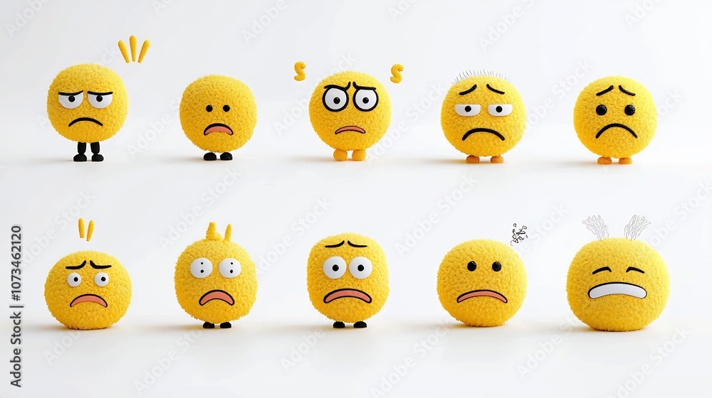 Poster Set of four expressive yellow emoji icons showcasing facial expressions for joy sadness boredom and anger on a clean white background  Pixel perfect digital in a simple minimalist style