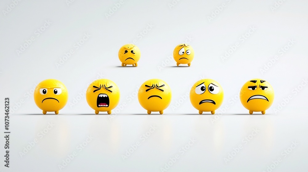 Poster Set of expressive yellow emoji icons depicting a range of facial expressions including joy sadness boredom and anger displayed on a clean white background with a pixel perfect minimalist design