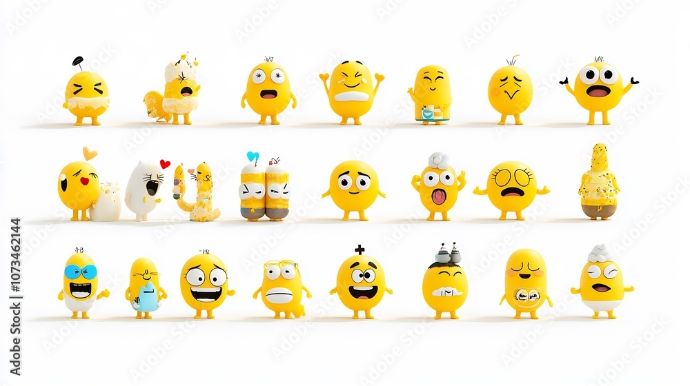 Poster Vibrant Yellow Emoji Icons with Diverse Facial Expressions Like Heart Eyes Surprise Laughter and Sleepy for Digital Platforms Messaging Apps and User Interfaces