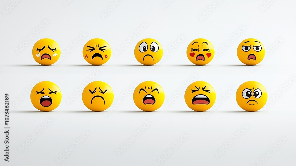Poster Colorful set of yellow emoji icons in a flat pixel perfect design conveying emotions like disappointment all isolated on a clean white background