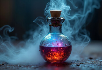 glass bottle with magic potion surrounded by smoke