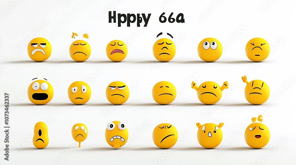 Poster Assortment of Vibrant Yellow Emoji Icons Conveying Diverse Expressions Including Happy Sad Confused and Sleepy Faces Isolated on a Clean White Background with Pixel Perfect Precision