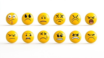 Fototapeta premium Collection of flat icons depicting a variety of vibrant yellow emojis expressing different emotional states including thumbs up neutral frown and grin in a clean