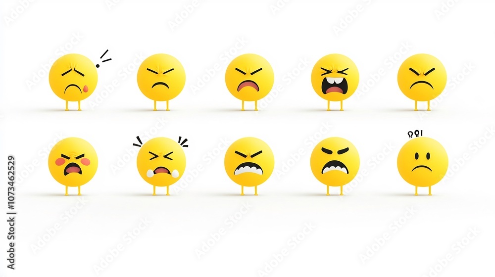 Poster Set of vibrant yellow emoji icons displaying a range of expressive facial reactions including smiling frowning crying and blushing all isolated against a clean white background with a flat minimalist