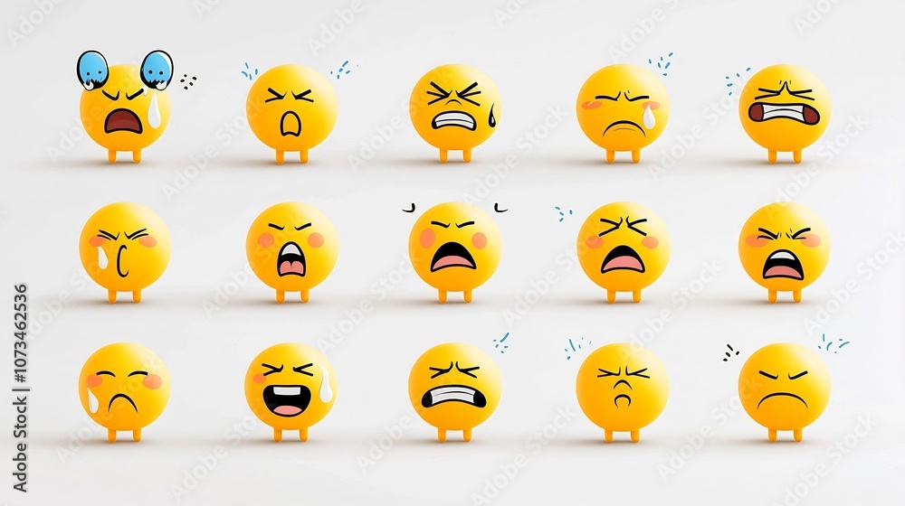 Aufkleber Colorful collection of 64x64 pixel perfect emoji icons in a vibrant yellow hue showcasing a range of expressive reactions like crying blushing frowning and grinning
