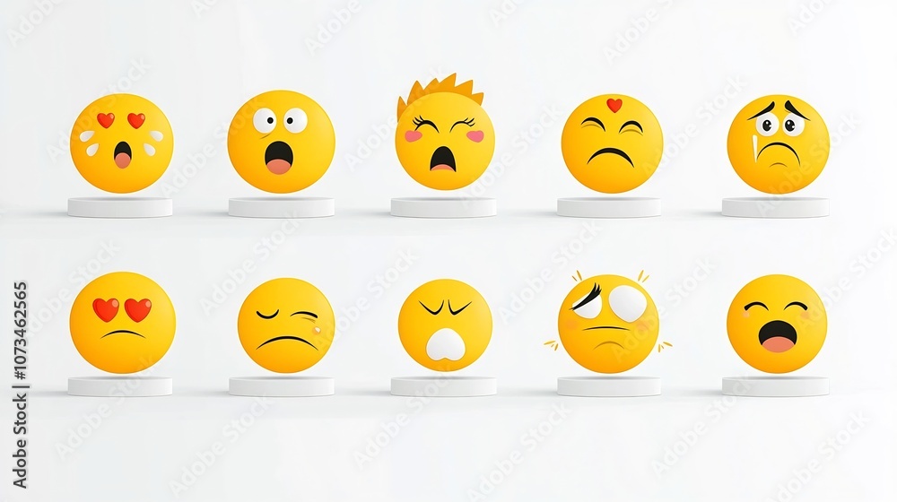 Poster Vibrant collection of various emoji icons featuring surprised laughing heart eyed and sad facial expressions in a flat vector style on a clean white backdrop