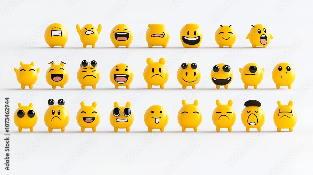Poster vibrant collection of yellow emoji icons depicting a range of emotional expressions including laughi