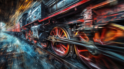 An artistic shot of train wheels on the tracks during motion