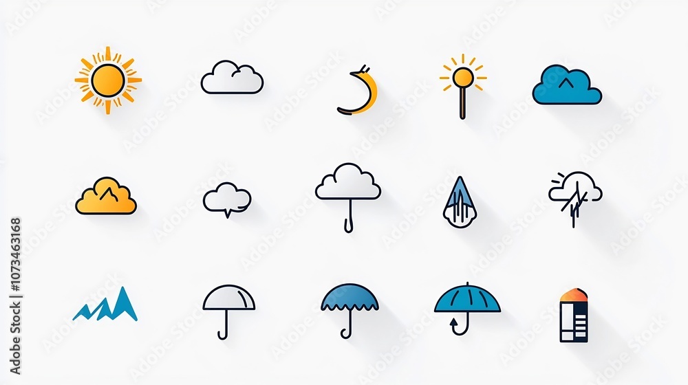 Poster editable stroke outline icons for various weather conditions including sun clouds rain and snow isol