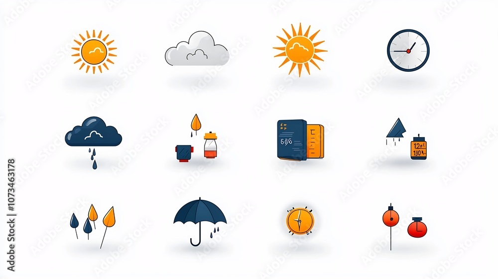 Poster Comprehensive set of editable stroke outline icons representing various weather elements such as sun clouds rain and snow