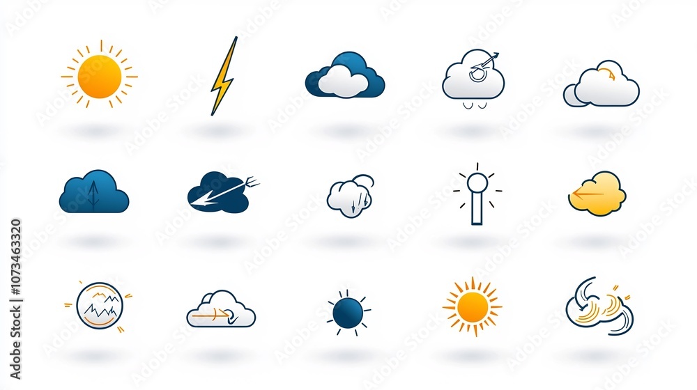 Fototapete Comprehensive set of weather icons and symbols including thunder lightning clouds and sun in an editable stroke outline format designed for use in digital applications web interfaces