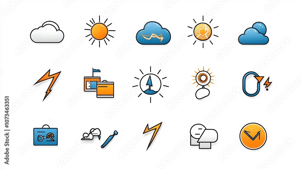 Poster A set of minimalist weather icons with editable stroke outline designs featuring symbols for thunder lightning clouds and sun  These simple flat graphics are perfect for weather forecasting apps