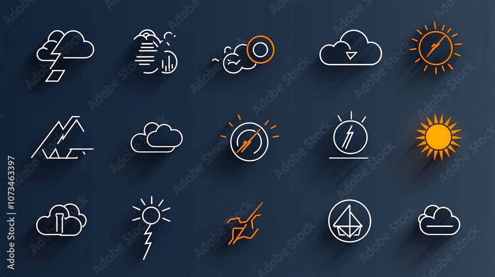 Aufkleber Comprehensive set of weather related icons and symbols including thunder lightning clouds and sun all with editable outline strokes and presented on a clean white background