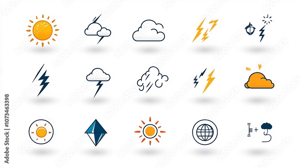 Poster Minimalist Weather Icons Set with Symbols for Thunder Lightning Clouds and Sun  Editable Stroke Outline Isolated on White Background Pixel Perfect 64x64 Design