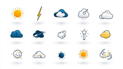 Obraz premium Comprehensive set of weather icons and symbols including thunder lightning clouds and sun in an editable stroke outline format designed for use in digital applications web interfaces