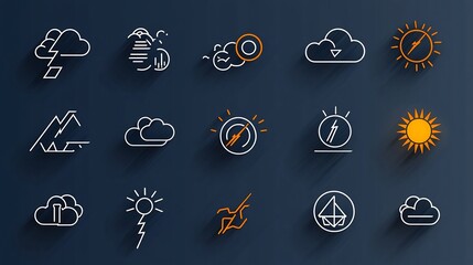 Comprehensive set of weather related icons and symbols including thunder lightning clouds and sun all with editable outline strokes and presented on a clean white background