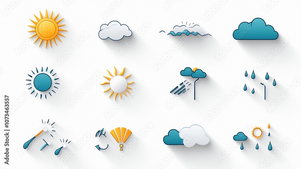 Aufkleber collection of clean and editable weather symbol icons with flat style outlines including wind sun ra