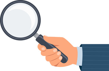 Hand holding magnifying glass. Searching, researching, discovery, analysis, scrutiny concept.Vector Illustration