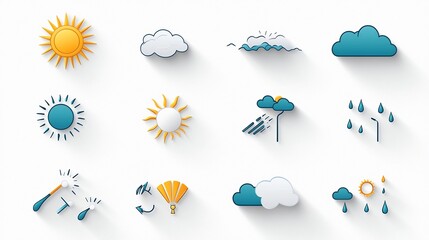 Obraz premium Collection of clean and editable weather symbol icons with flat style outlines including wind sun rain and other meteorology elements isolated on a white background with pixel perfect 64x64