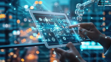 Fototapeta premium A manufacturing engineer at the factory holds a device with artificial intelligence technology in his hands. Includes cameras and security features. The concept of automation, robotics, machine learni