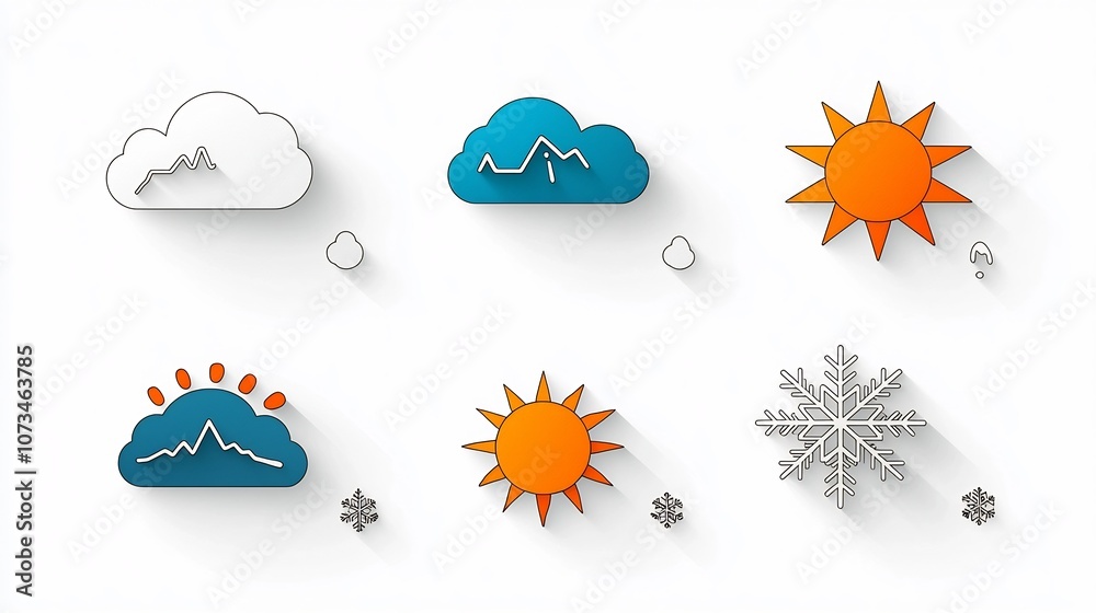 Aufkleber Flat icons showcasing different weather elements including cloud rain sun and snowflake featuring an editable outline style and pixel perfect 64x64 size on a clean white background