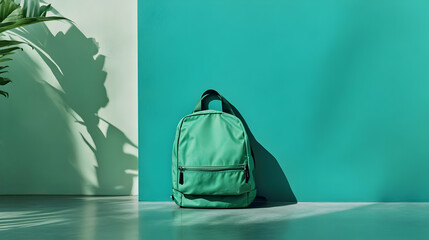 A bright green backpack placed against a vibrant green wall under sunlight, creating a fresh and bold look.


