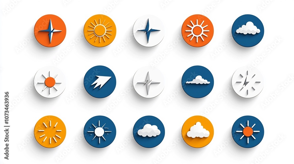 Poster Elegant weather icons featuring editable stroke outlines for sun rain thunder and snow perfectly isolated on a minimal white background for use in weather forecast applications