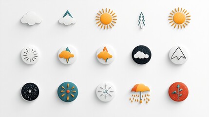 A set of weather icons featuring editable stroke outlines for sun rain thunder and snow elements  These minimalist vector based icons are isolated on a clean white background